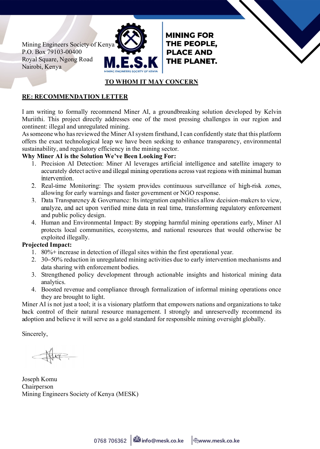 MESK Endorsement Letter